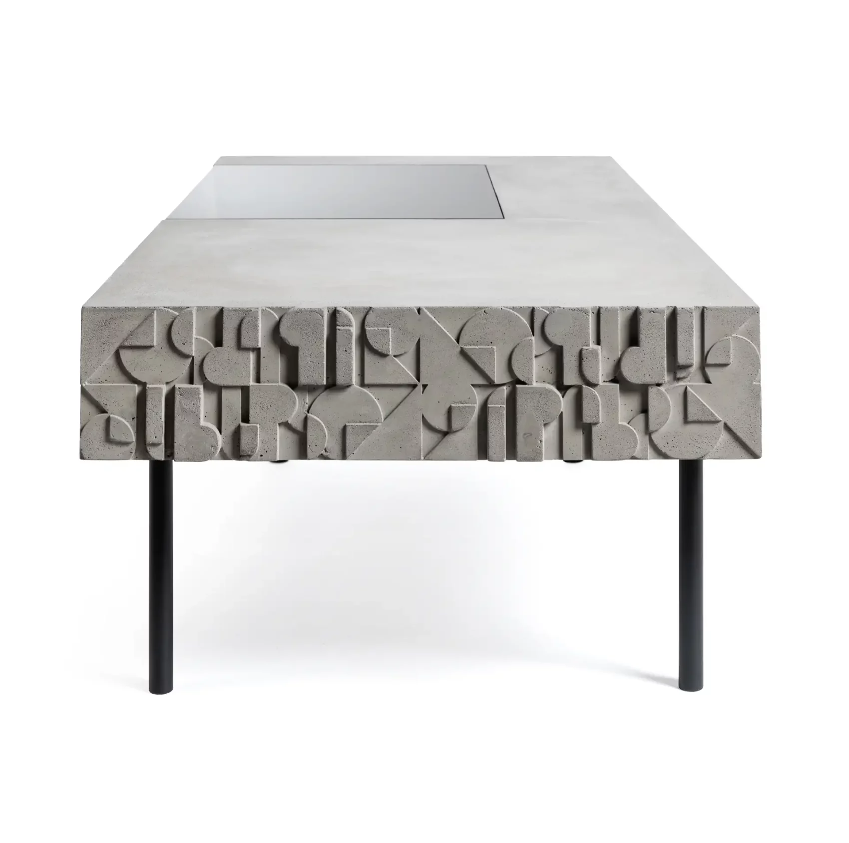 Concrete coffee table with art deco ornamentation by designer Bertrand Jayr
